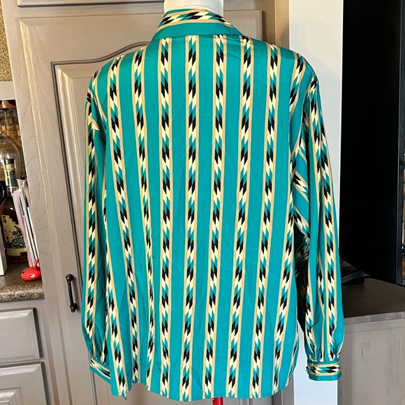 Vintage 1980s Halston Teal Blouse with Tan & Black Southwestern Stripes & Bowtie - Picture 3 of 5